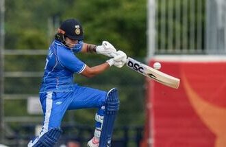India's Shafali Verma plays a shot against Bangladesh during their Asian Games 2026 women's cricket semifinal.