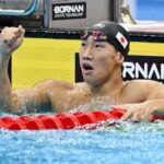 Japan's Shin Ohashi celebrates winning gold in the Men's 200m Breaststroke final at Asian Games 2026.