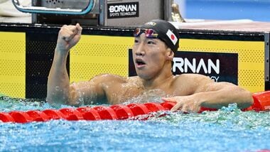 Japan's Shin Ohashi celebrates winning gold in the Men's 200m Breaststroke final at Asian Games 2026.