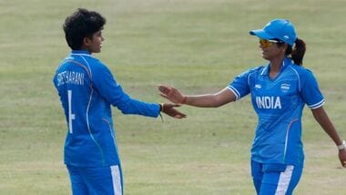 Shree Charani (left) continued her stellar form with another four-wicket haul, this time in India's Asian Games 2026 quarterfinal against Japan.