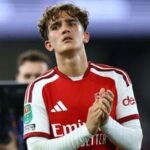 Arsenal's Max Dowman celebrates after the match.
