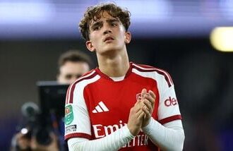 Arsenal's Max Dowman celebrates after the match.
