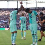FC Barcelona's Lamine Yamal celebrates scoring their second goal with Raphinha