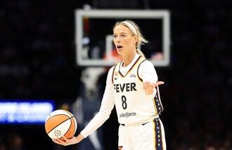 Sophie Cunningham #8 of the Indiana Fever reacts against the Minnesota Lynx in the first quarter at Target Center on September 24, 2026 in Minneapolis.