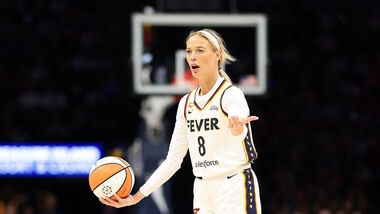 Sophie Cunningham #8 of the Indiana Fever reacts against the Minnesota Lynx in the first quarter at Target Center on September 24, 2026 in Minneapolis.