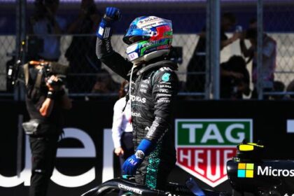 Mercedes driver Andrea Kimi Antonelli of Italy celebrates after winning the Spanish Formula One Grand Prix race in Madrid.