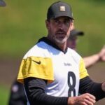 Pittsburgh Steelers quarterbacks Aaron Rodgers (8) in action during the team's NFL football training camp.