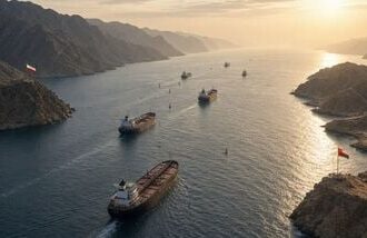 The proposed understanding between Iran and Oman would include details of a temporary safe shipping route through the Strait of Hormuz, a crucial transit point for global energy supplies. (AI Image)