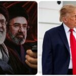 Portraits of the late Iranian Supreme Leader Ayatollah Ali Khamenei, left, and his son, Ayatollah Mojtaba Khamenei; US President Donald Trump