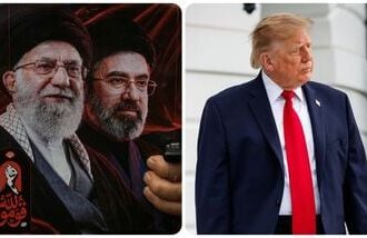 Portraits of the late Iranian Supreme Leader Ayatollah Ali Khamenei, left, and his son, Ayatollah Mojtaba Khamenei; US President Donald Trump