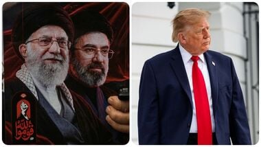 Portraits of the late Iranian Supreme Leader Ayatollah Ali Khamenei, left, and his son, Ayatollah Mojtaba Khamenei; US President Donald Trump