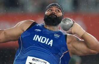 India's Tajinderpal Singh Toor competes in the men's shot put final at the Asian Games 2026 in Nagoya.