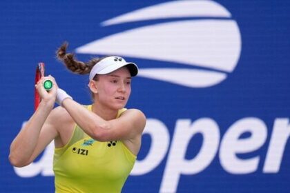 Kazakhstan's Elena Rybakina in action during her quarterfinal match against China's Qinwen Zheng