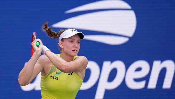 Kazakhstan's Elena Rybakina in action during her quarterfinal match against China's Qinwen Zheng