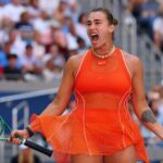 Belarus' Aryna Sabalenka celebrates winning her quarterfinal match against Czech Republic's Linda Noskova
