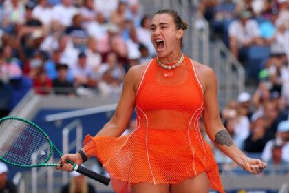 Belarus' Aryna Sabalenka celebrates winning her quarterfinal match against Czech Republic's Linda Noskova