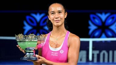 Canada's Leylah Fernandez poses with the trophy after beating Australia's Talia Gibson to win the WTA Singapore Open tennis final in Singapore.