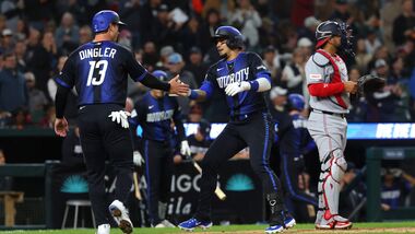 Detroit Tigers celebrate a two run home run in the fourth inning against the Washington Nationals at Comerica Park.