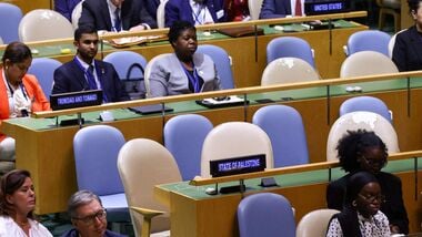 TOPSHOT - The Palestinian delegation section sits empty as Israel's Prime Minister Benjamin Netanyahu speaks during the 81st United Nations General Assembly at the United Nations Headquarters in New York, on September 24, 2026. (Photo by Leonardo MUNOZ / AFP)