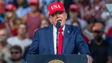 US President Donald Trump during a campaign event at Gastonia Municipal Airport in Gastonia, North Carolina on Sept. 16, 2026. Photographer: Grant Baldwin/Bloomberg