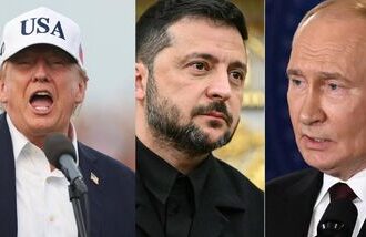 Donald Trump (L); Volodymyr Zelensky (C); Vladimir Putin (R).