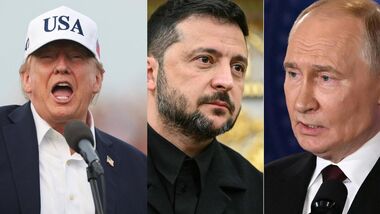 Donald Trump (L); Volodymyr Zelensky (C); Vladimir Putin (R).