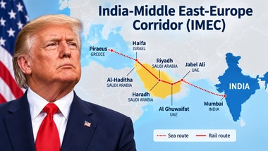 US President Donald Trump, with an IMEC map from the official website, (Collage made using AI).