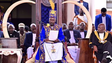 Journalist Edward Rukidi Kijanangoma delivers a speech during his coronation as king of Uganda's traditional Tooro Kingdom, in Fort Portal, Tuesday, Sept. 29, 2026. (AP Photo/Hajarah Nalwadda)