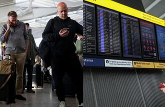 Passengers wait for news on their flights at Heathrow Airport's Terminal 5 in London on Tuesday