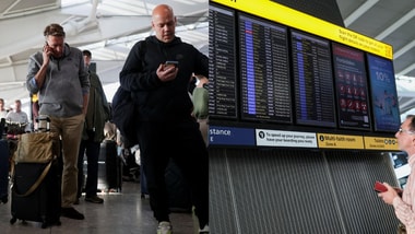Passengers wait for news on their flights at Heathrow Airport's Terminal 5 in London on Tuesday