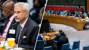 India's External Affairs Minister S. Jaishankar(Left), Delegates addressing the United Nations Security Council(Right).