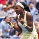 Coco Gauff, of the United States, celebrates winning a match against Mirra Andreeva, of Russia, during the quarterfinal round of the US Open tennis championships.