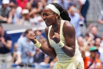 Coco Gauff, of the United States, celebrates winning a match against Mirra Andreeva, of Russia, during the quarterfinal round of the US Open tennis championships.