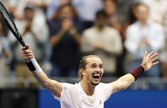 Alexander Zverev, of Germany, celebrates after he won the men's singles final of the U. Open tennis championships against Ben Shelton, of the United States.