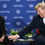 TOPSHOT - US President Donald Trump (R) meets with Ukraine's President Volodymyr Zelensky on the sidelines of the 81st United Nations General Assembly in New York, on September 22, 2026. (Photo by Brendan SMIALOWSKI / AFP)