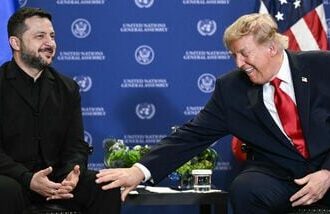 TOPSHOT - US President Donald Trump (R) meets with Ukraine's President Volodymyr Zelensky on the sidelines of the 81st United Nations General Assembly in New York, on September 22, 2026. (Photo by Brendan SMIALOWSKI / AFP)