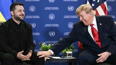 TOPSHOT - US President Donald Trump (R) meets with Ukraine's President Volodymyr Zelensky on the sidelines of the 81st United Nations General Assembly in New York, on September 22, 2026. (Photo by Brendan SMIALOWSKI / AFP)