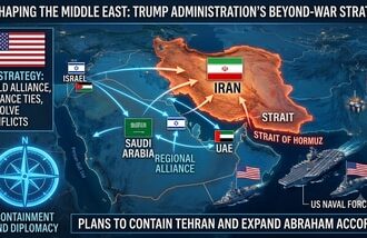 Trump is weighing a major Middle East reset after the Iran war, with plans to contain Tehran, advance Gaza diplomacy, strengthen Israel’s ties with Arab neighbours and pursue a Saudi-Israel normalisation deal. (AI generated image)