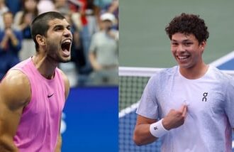 Spanish tennis star Carlos Alcaraz (L) and American rising player Ben Shelton