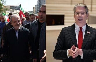 Iran President Masoud Pezeshkian; US Treasury Secretary Scott Bessent (R)