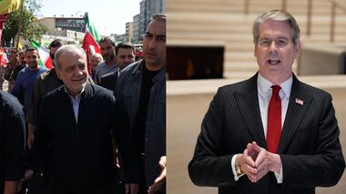 Iran President Masoud Pezeshkian; US Treasury Secretary Scott Bessent (R)