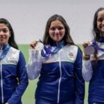 (From left) India's Vidarsa Vinod, Sonam Maskar and Elavenil Valarivan pose for photographers after winning silver medals in the women's 10m Air Rifle event at Asian Games 2026.
