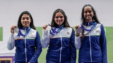 (From left) India's Vidarsa Vinod, Sonam Maskar and Elavenil Valarivan pose for photographers after winning silver medals in the women's 10m Air Rifle event at Asian Games 2026.