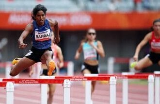 India's Vithya Ramraj in action during the Women's 400m Hurdles final at Asian Games 2026.