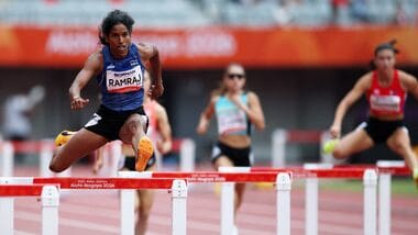 India's Vithya Ramraj in action during the Women's 400m Hurdles final at Asian Games 2026.