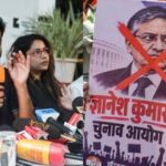 Picture of Abhijeet Dipke and other CJP members in Mumbai Press Club (L) and placard bearing the image of Gyanesh Kumar from a Congress-led protest in Mumbai (R).