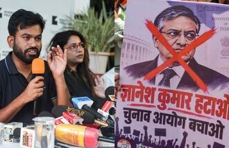 Picture of Abhijeet Dipke and other CJP members in Mumbai Press Club (L) and placard bearing the image of Gyanesh Kumar from a Congress-led protest in Mumbai (R).