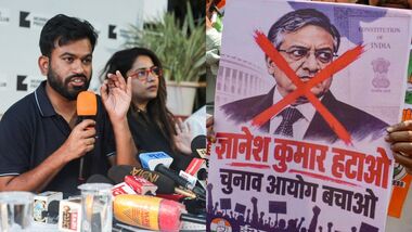 Picture of Abhijeet Dipke and other CJP members in Mumbai Press Club (L) and placard bearing the image of Gyanesh Kumar from a Congress-led protest in Mumbai (R).