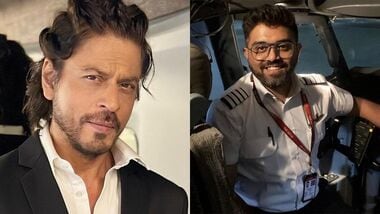 Images of Shah Rukh Khan (L) and FlyDubai Captain Smit Machchhar (R).