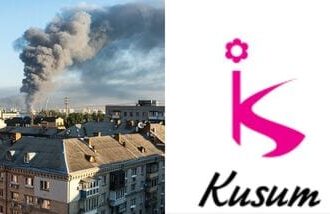 Thick plume of smoke rising in Kyiv, Ukraine (L) and Kusum Group logo (R). Images are for representative purposes only.